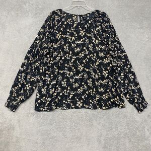 ana Top Womens 2XL Black Beige Floral Smocked Flowy Popover‎ Lightweight Shirt
